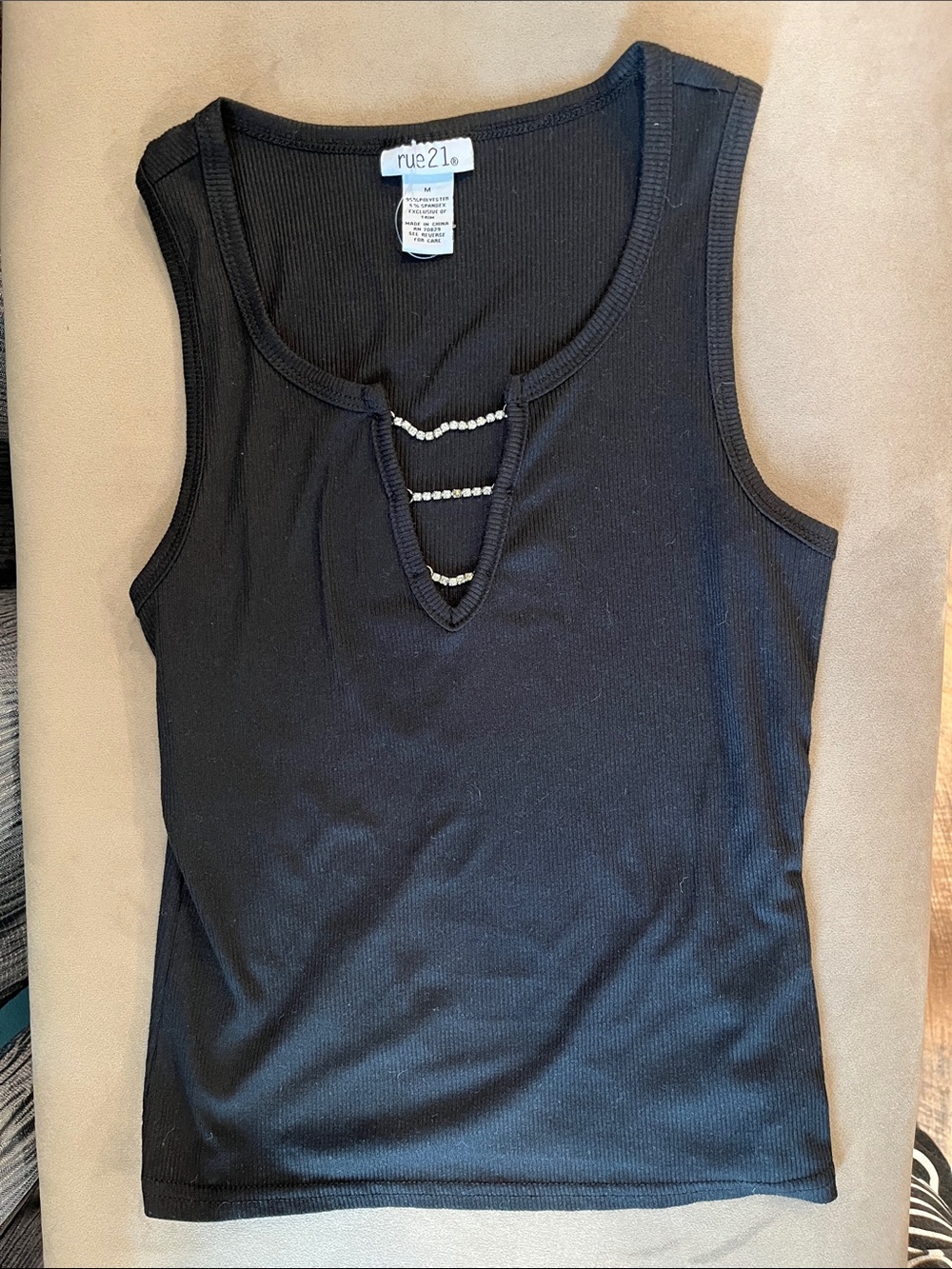 rue21 Black Ribbed Tank with Rhinestone Ladder Detail